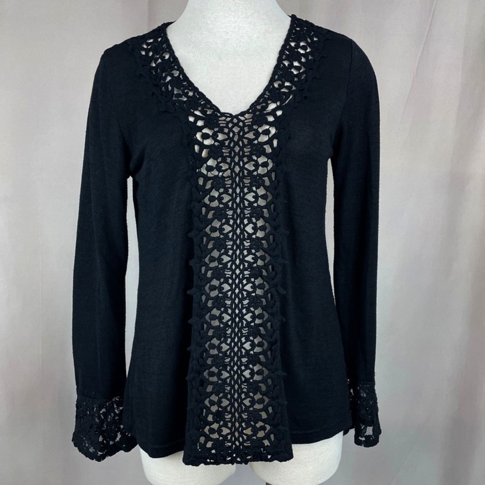 Y2K Womens (M) VOICE OF CALIFORNIA Black Lace Crocheted‎ Sweater Goth Cotton USA